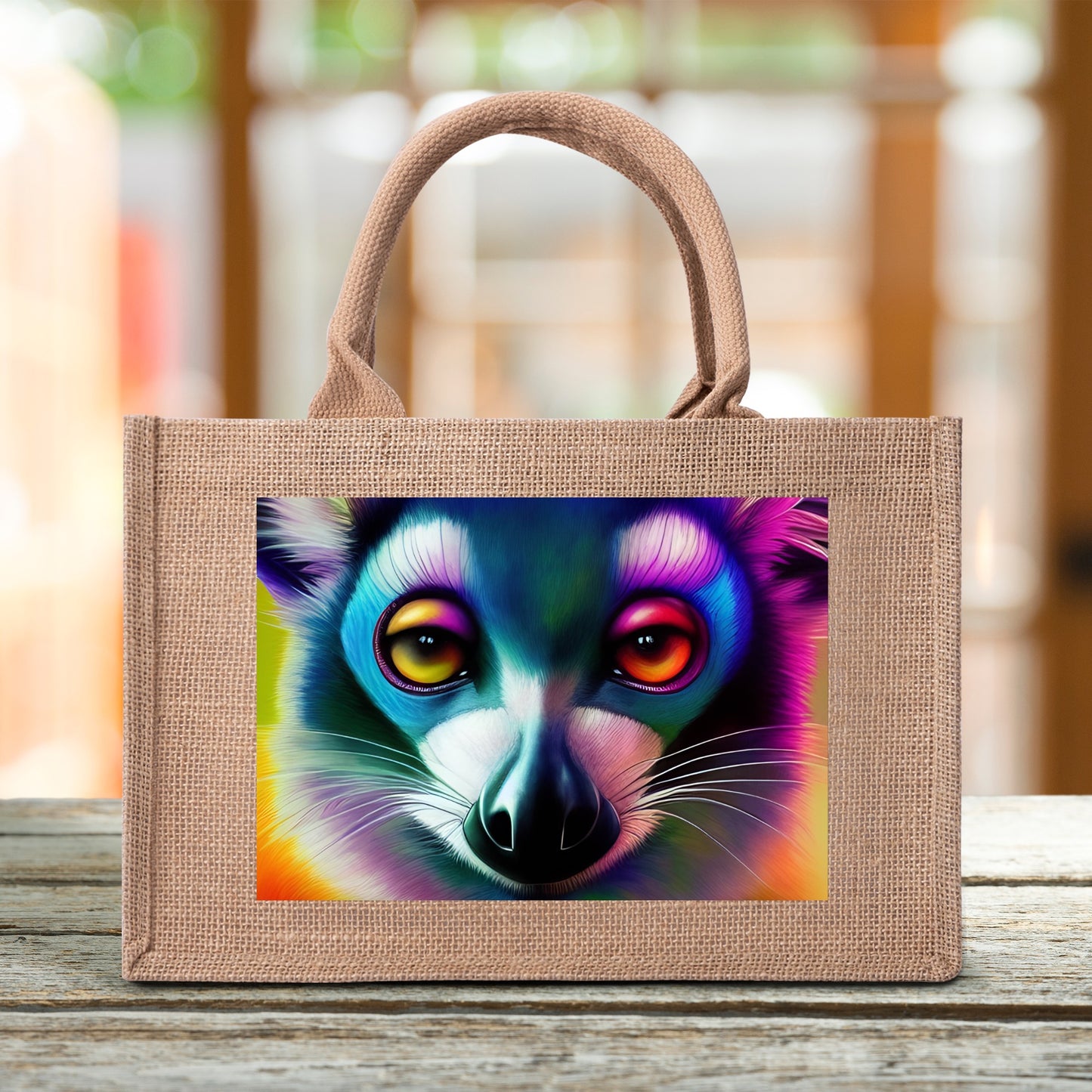 GoAyeAye Neon Lemur Face Brown Jute Burlap Tote Bags PopCustoms