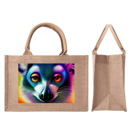 GoAyeAye Neon Lemur Face Brown Jute Burlap Tote Bags PopCustoms