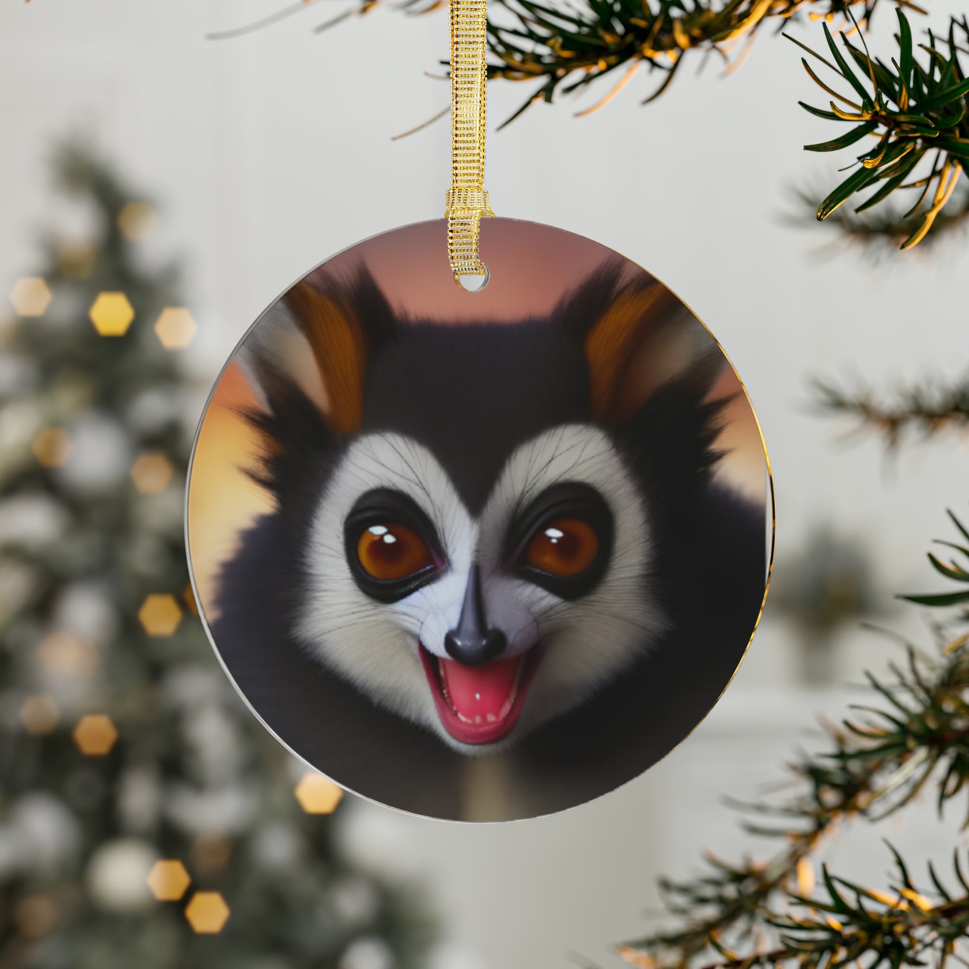 GoAyeAye Excited Lemur Acrylic Ornaments Printify